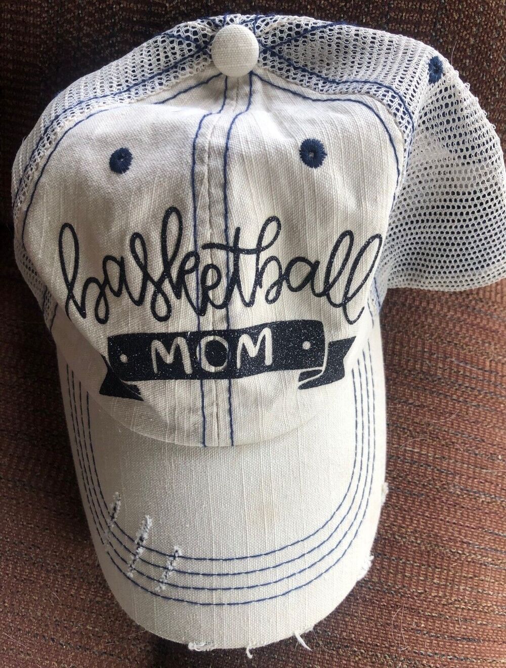 Basketball Mom Sports Cap Hat Tan Mesh Strapback Distressed